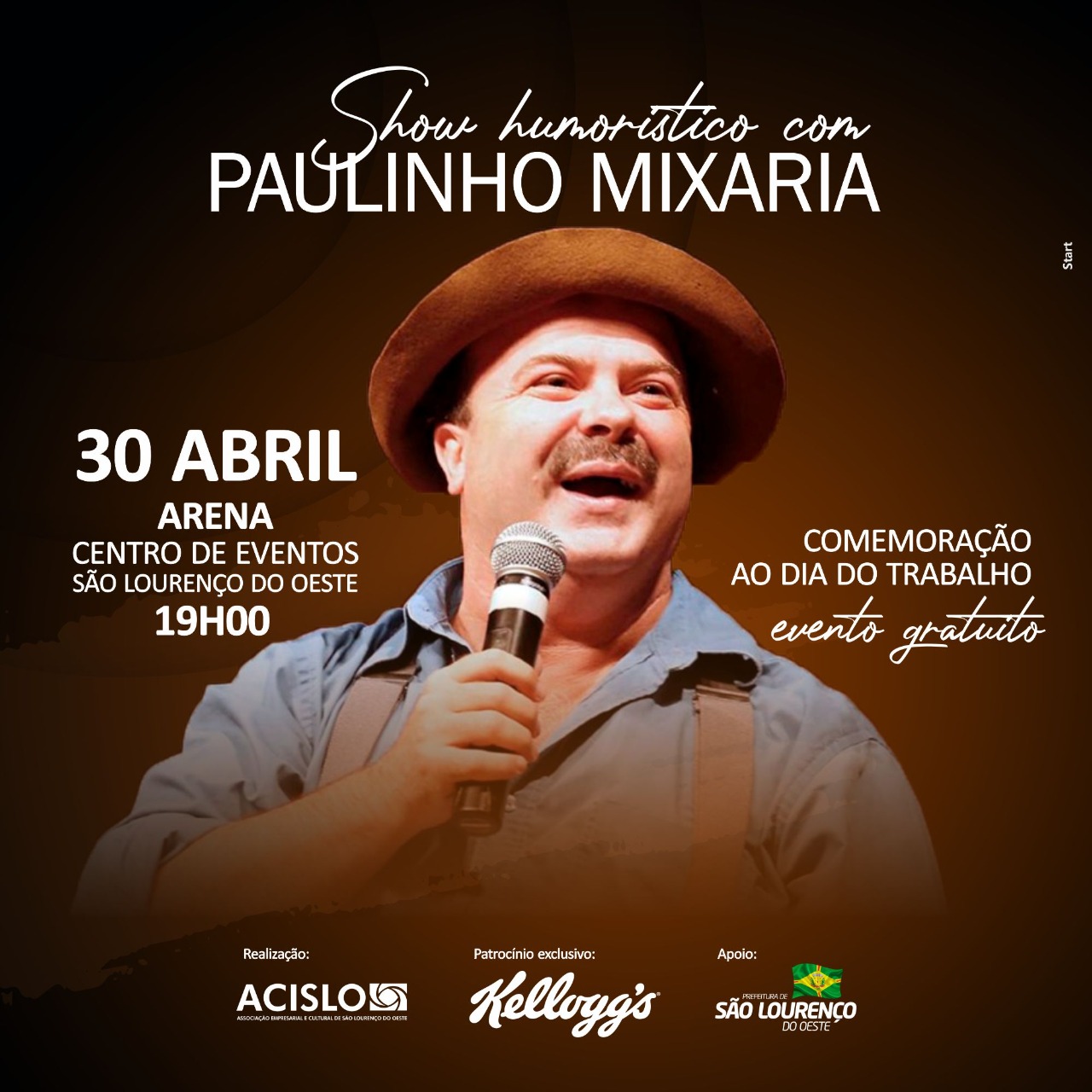 Dia do Trabalhador será comemorado com show de humor em São Lourenço do Oeste